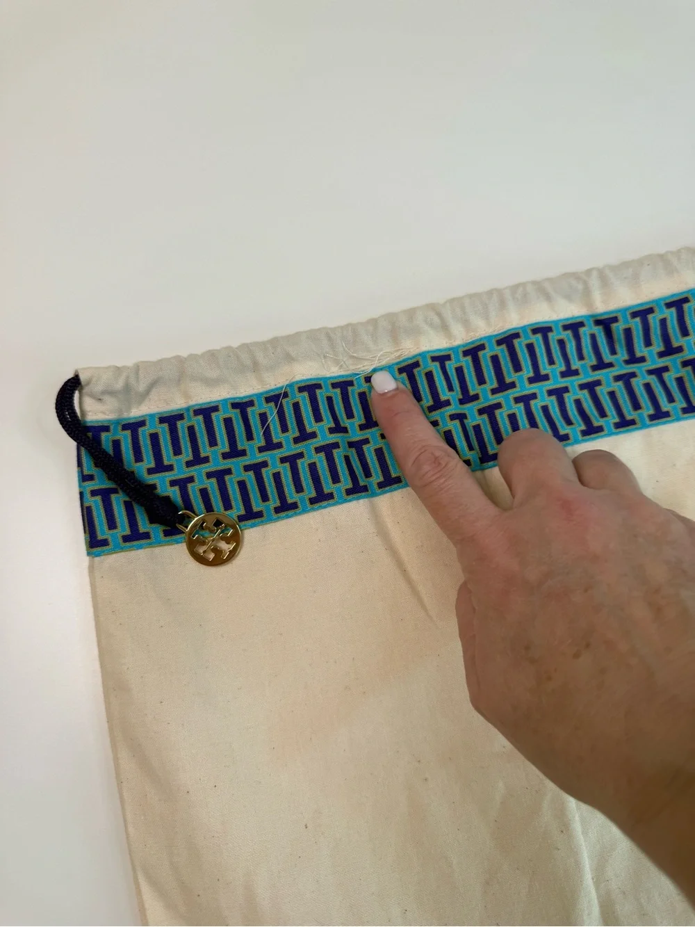Tory Burch Canvas Dust Bag Drawstring Storage Pouch Cream Blue Gold Logo